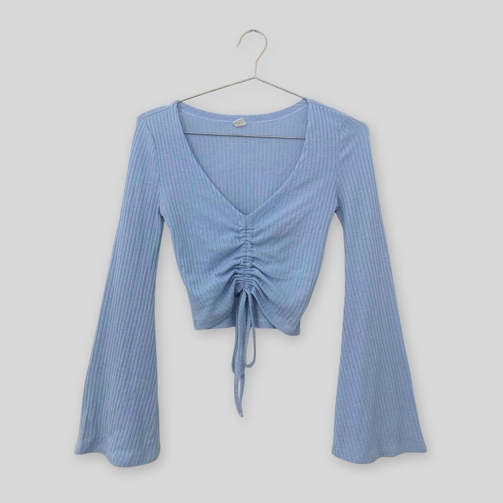 Chic Light Blue Ruched V-Neck Blouse